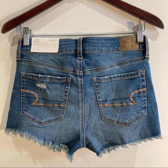AMERICAN EAGLE Sz 2 High Rise Shortie Distressed Super Stretch Button Fly Shorts - Picture 7 of 13